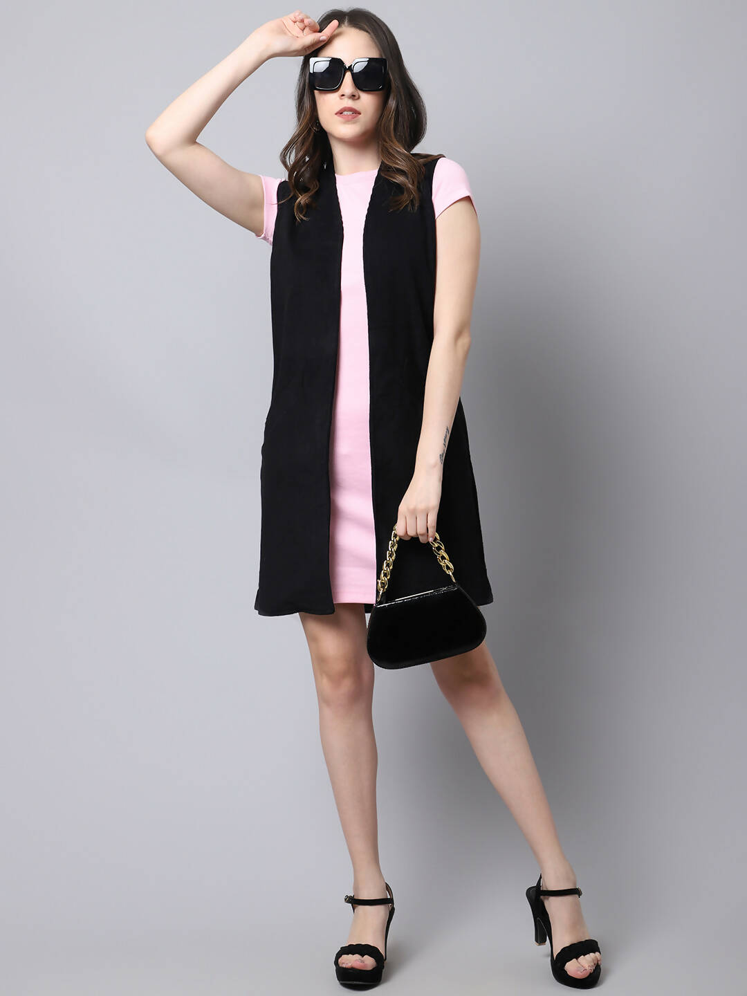 Even Apparels Black Polywool Open Front Corduroy Women's Long Coat | Grocsy