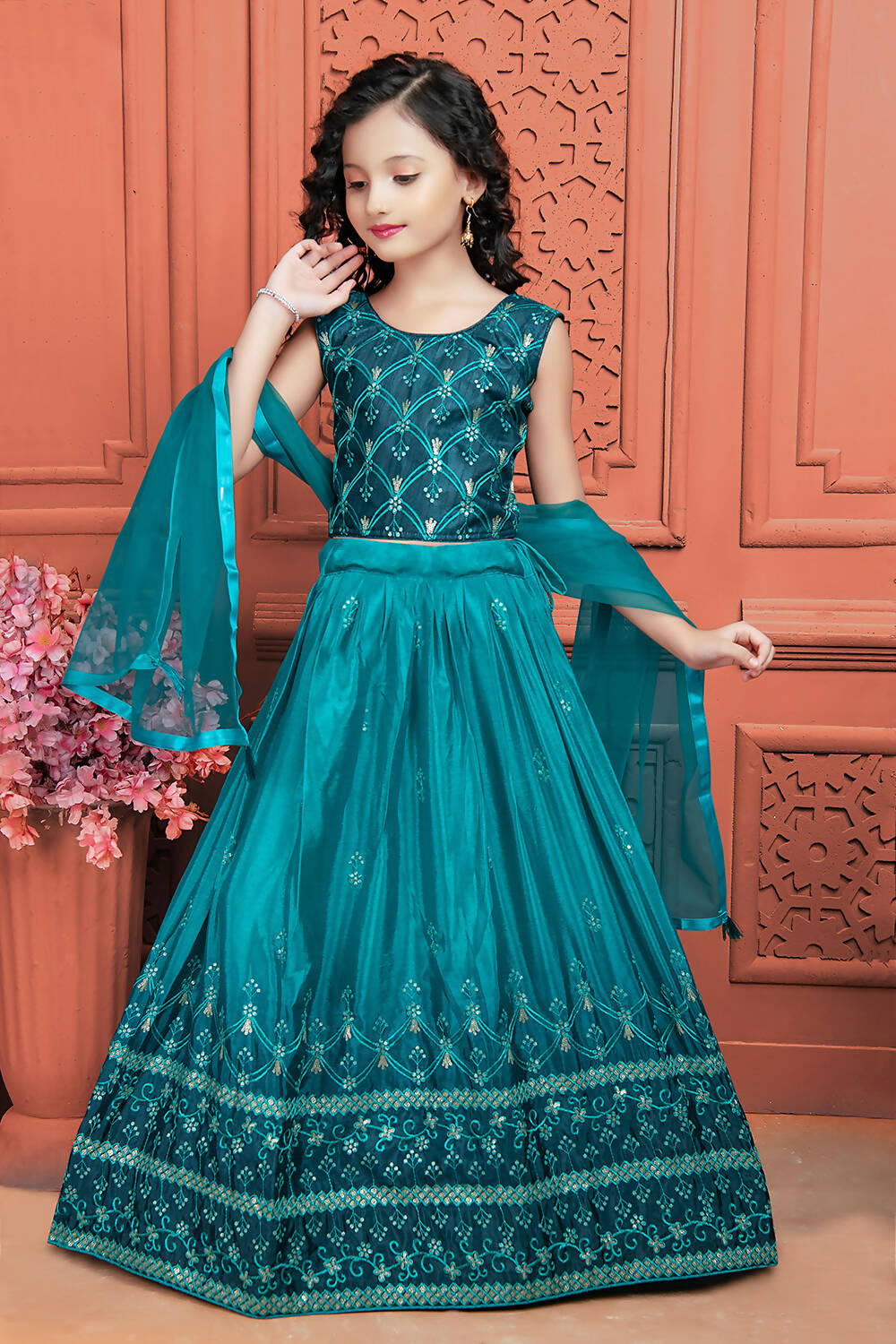 Kids Wedding Designer Teal Soft Chinon Silk Lehenga Choli - Aaradhna | Grocsy