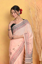 Very Much Indian Handblock Printed Cotton Saree With Natural Dyes - Peach | Grocsy