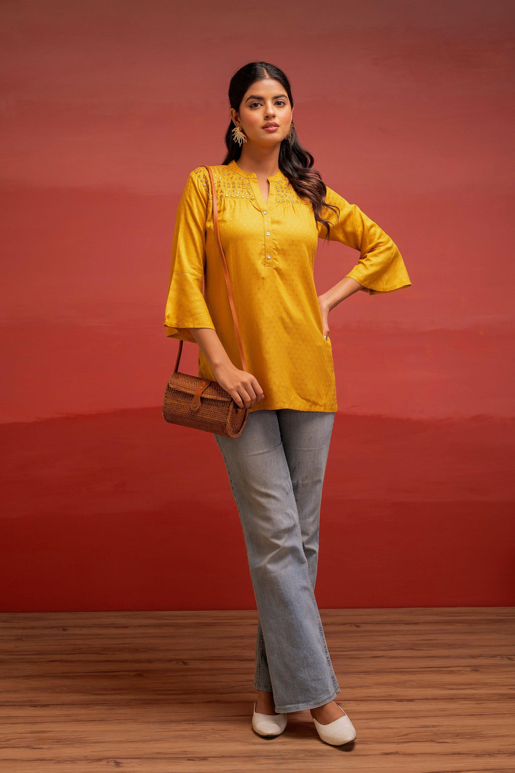 Juniper Mustard Polka Dot Viscose Tunic With Thread Work, Mirror & Button Detailing | Grocsy