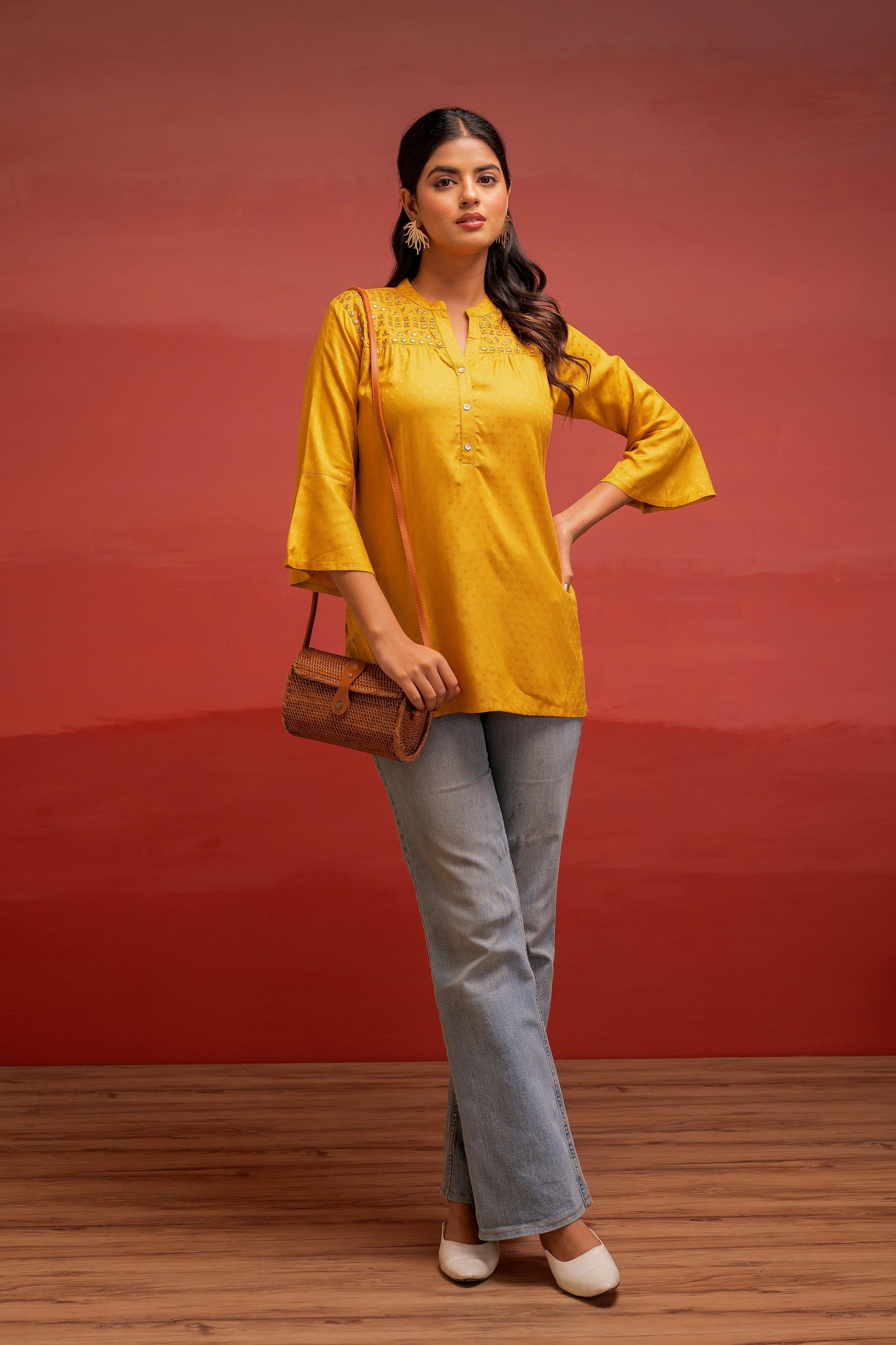 Juniper Mustard Polka Dot Viscose Tunic With Thread Work, Mirror & Button Detailing | Grocsy