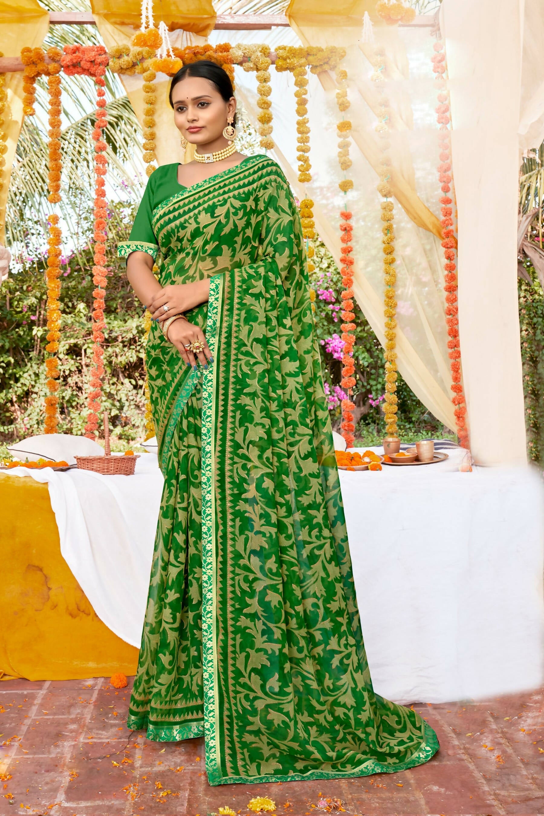 Green Georgette Foil Printed Saree with Unstitched Blouse piece - Avika | Grocsy