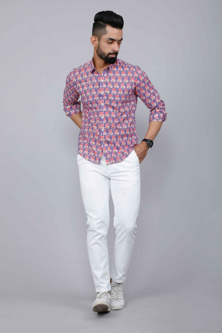 Miravan Men's Purple Floral Design Stylish Casual Cotton Shirt | Grocsy
