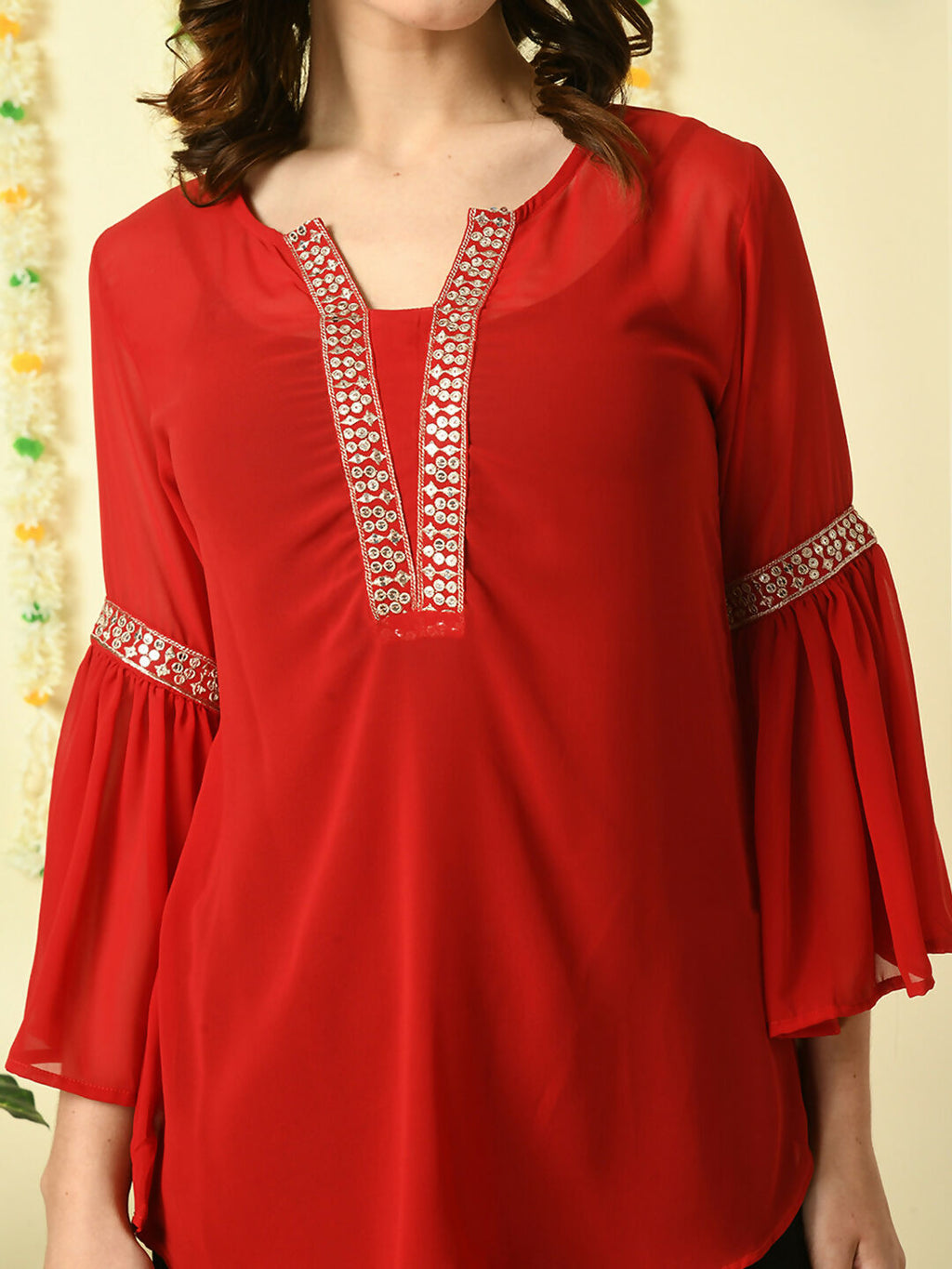 Myshka Women's Red Embroidered Party Fusion Top | Grocsy