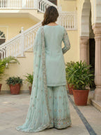 Teeya Creation Sky Faux Georgette Multi Thread Work Wedding Wear Sharara Set | Grocsy