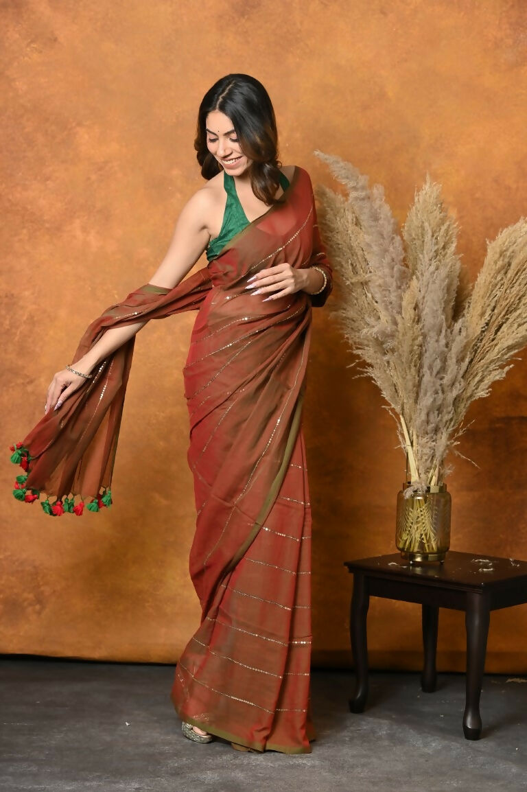 Very Much Indian Designer Mul Cotton Handloom Saree with Sequins - Dual Tone Red Green | Grocsy