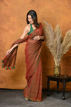 Very Much Indian Designer Mul Cotton Handloom Saree with Sequins - Dual Tone Red Green | Grocsy