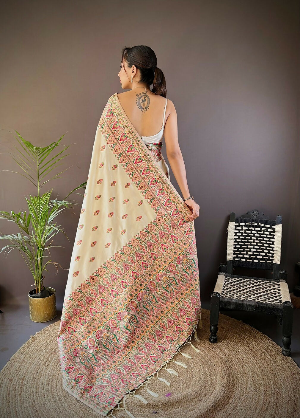 Joban Fashion White Meena Weaves Pashmina Sarees | Grocsy