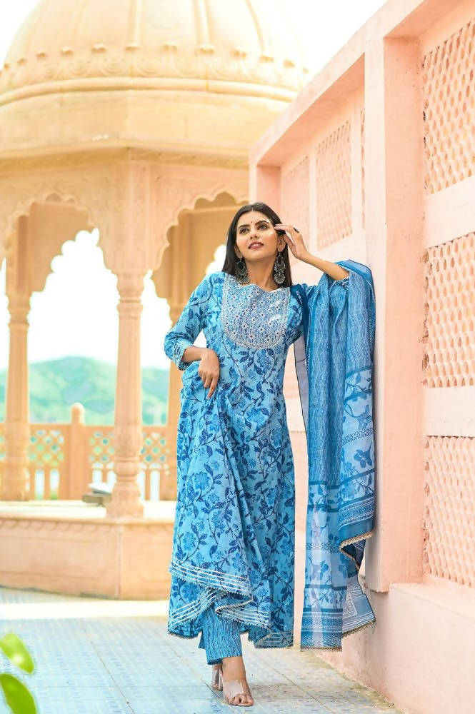 Yufta Women Blue Floral print Pure Cotton Anarkali Kurta with Trouser and Dupatta | Grocsy