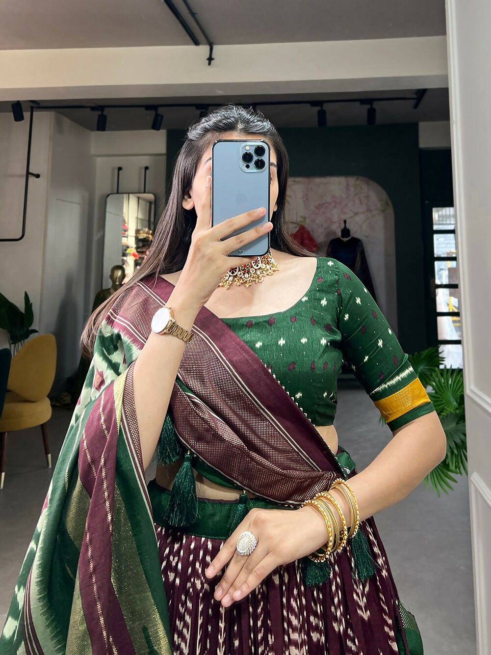 Vastranavya Traditional Printed Tusser Silk Lehenga Choli - Wine | Grocsy