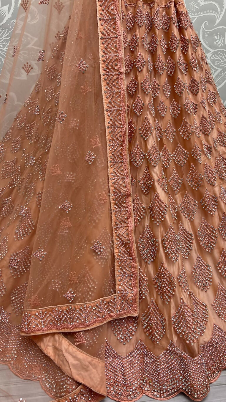 Jyoti Fashion Women's Peach Bridal Net Fancy Dori & Multi Thread Embroidered with Zircon Diamond Work Wedding Lehenga Choli | Grocsy