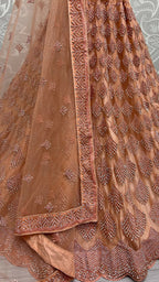 Jyoti Fashion Women's Peach Bridal Net Fancy Dori & Multi Thread Embroidered with Zircon Diamond Work Wedding Lehenga Choli | Grocsy