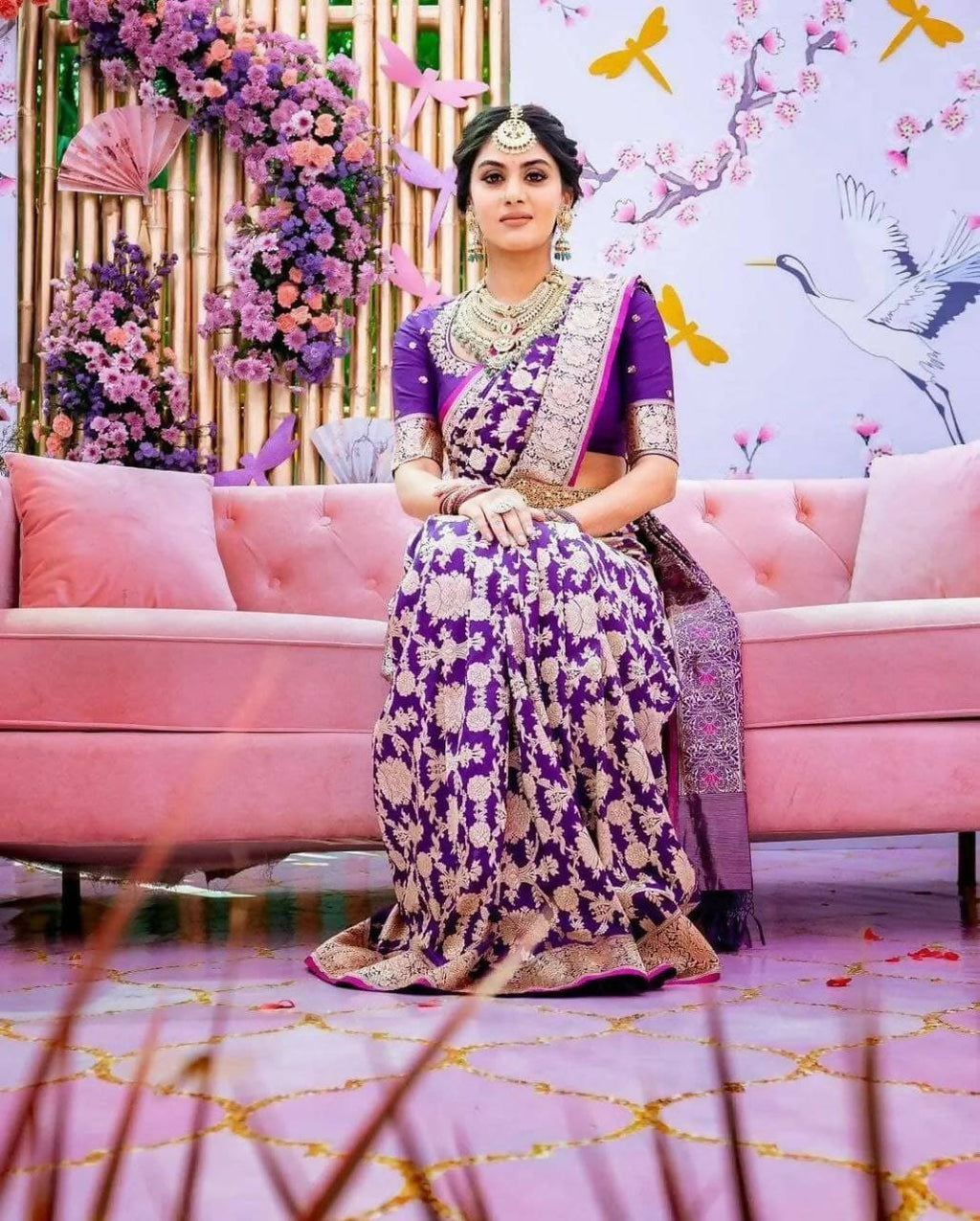 DEIANA'S Beautiful Designer Golden zari Soft Lichi Silk Saree - Purple | Grocsy