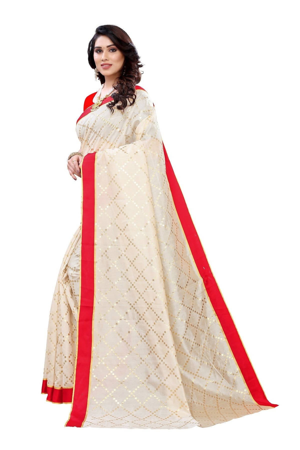 Vamika Cream Linen Foil Print Saree (YOGI CREAM) | Grocsy