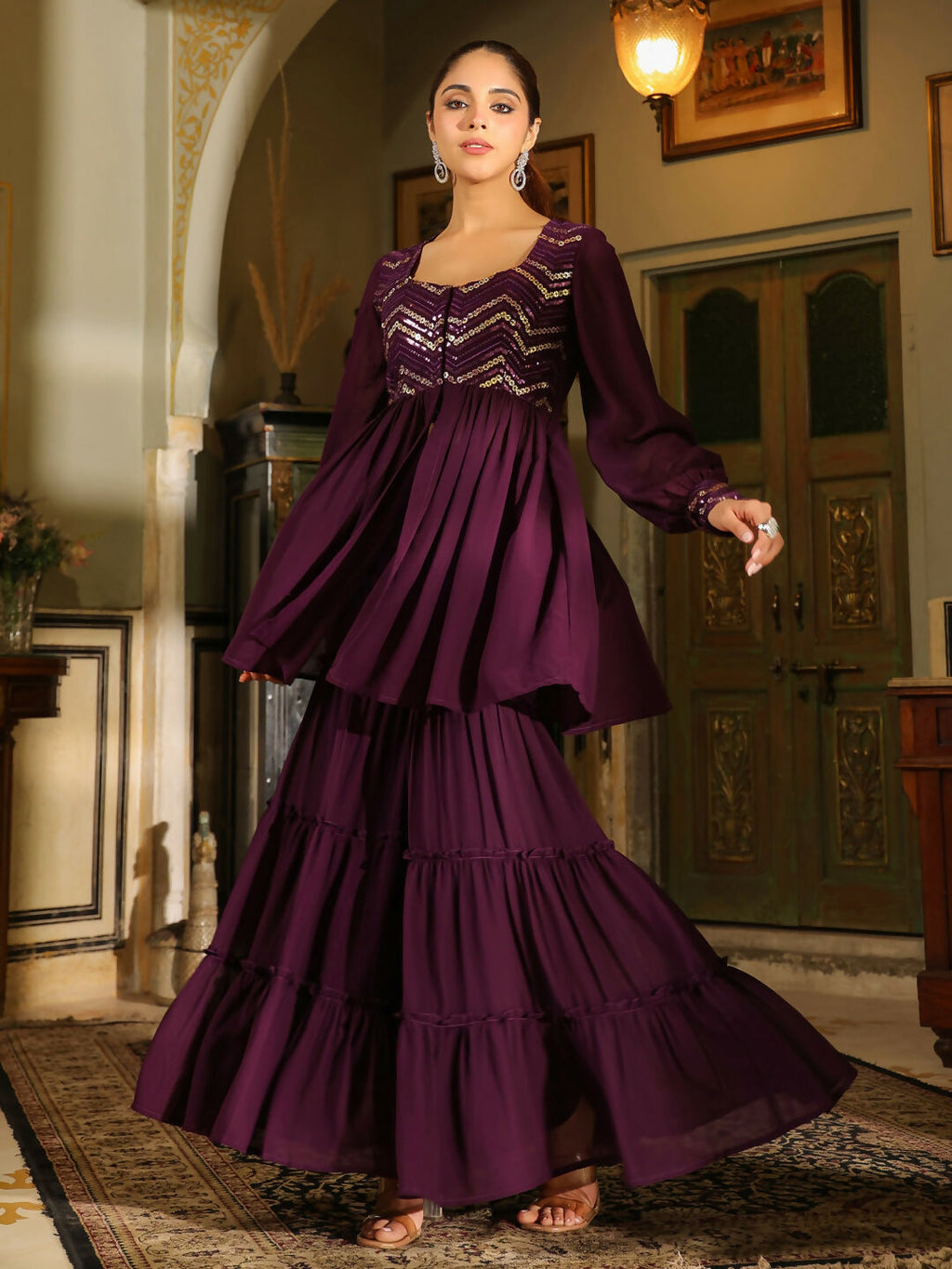 Janasya Purple Georgette Sequined Tunic & Bottom | Grocsy