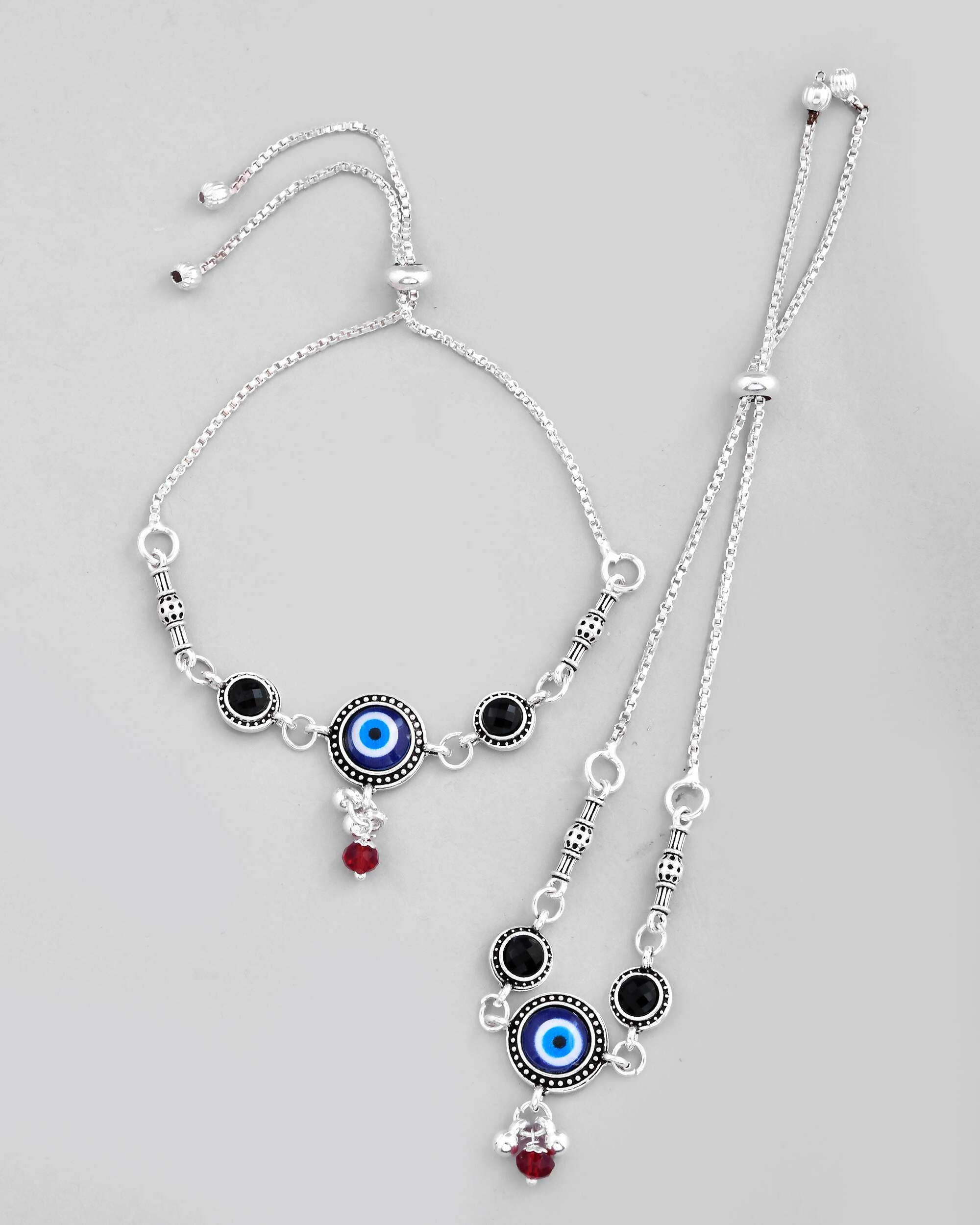 VOJ Set of 2 Silver Plated Evil Eye HandCrafted Adjustable Anklet | Grocsy
