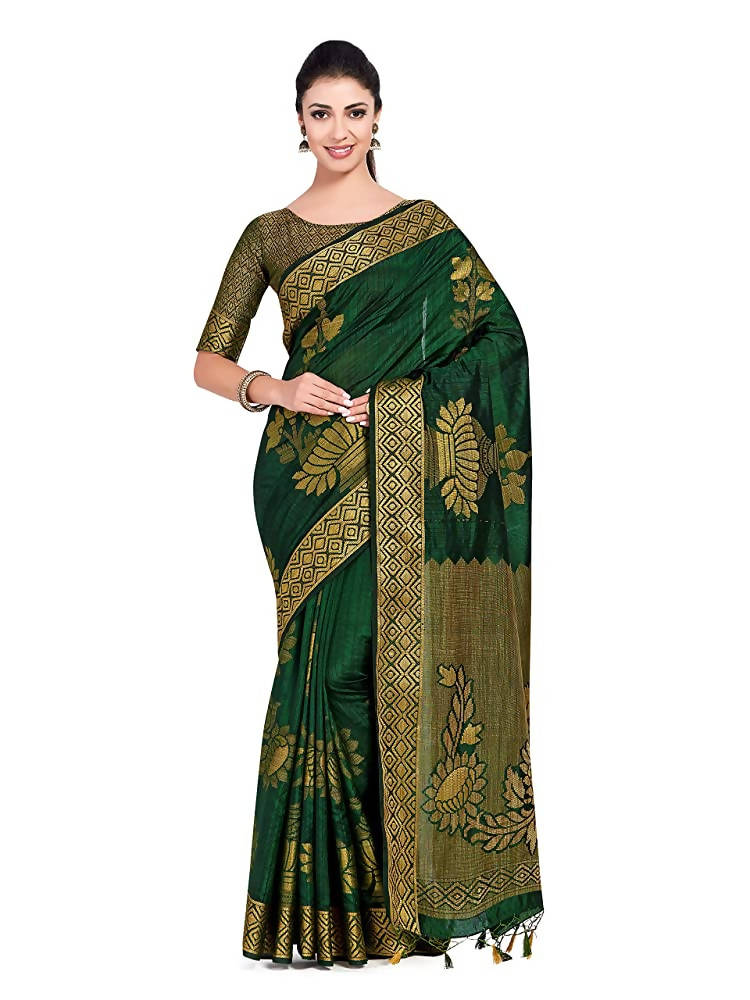 Mimosa Women's Green Kanchipuram Pure Silk Saree With Unstitched Blouse Piece | Grocsy