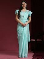 Light Blue Silk Satin Sequence Work Ready to Wear Saree with stitched Blouse - Nirvana | Grocsy