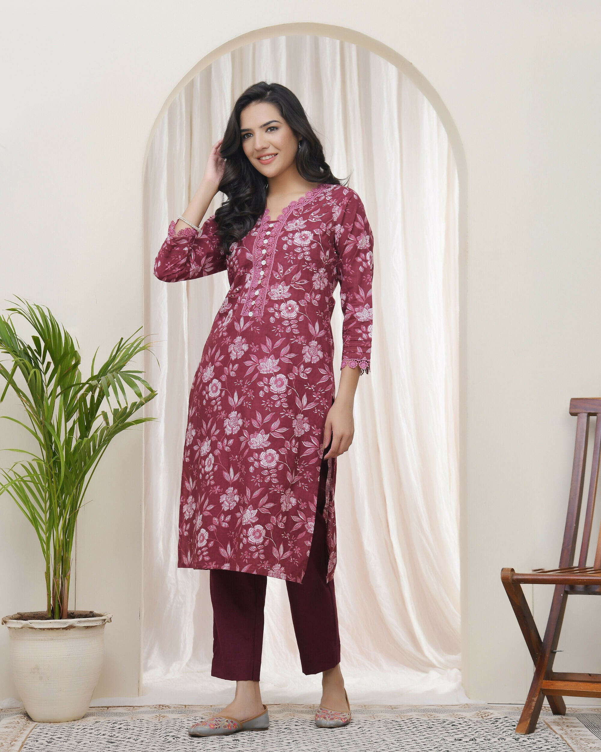 Vaasva Women Magenta Cotton Printed Straight Kurti With Pant | Grocsy