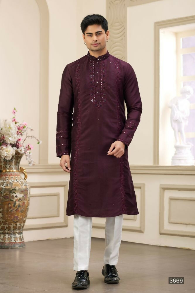Raivat Ethnic Banarasi Art Silk Thread and Mirror Work Kurta Pajama In Wine Colour | Grocsy