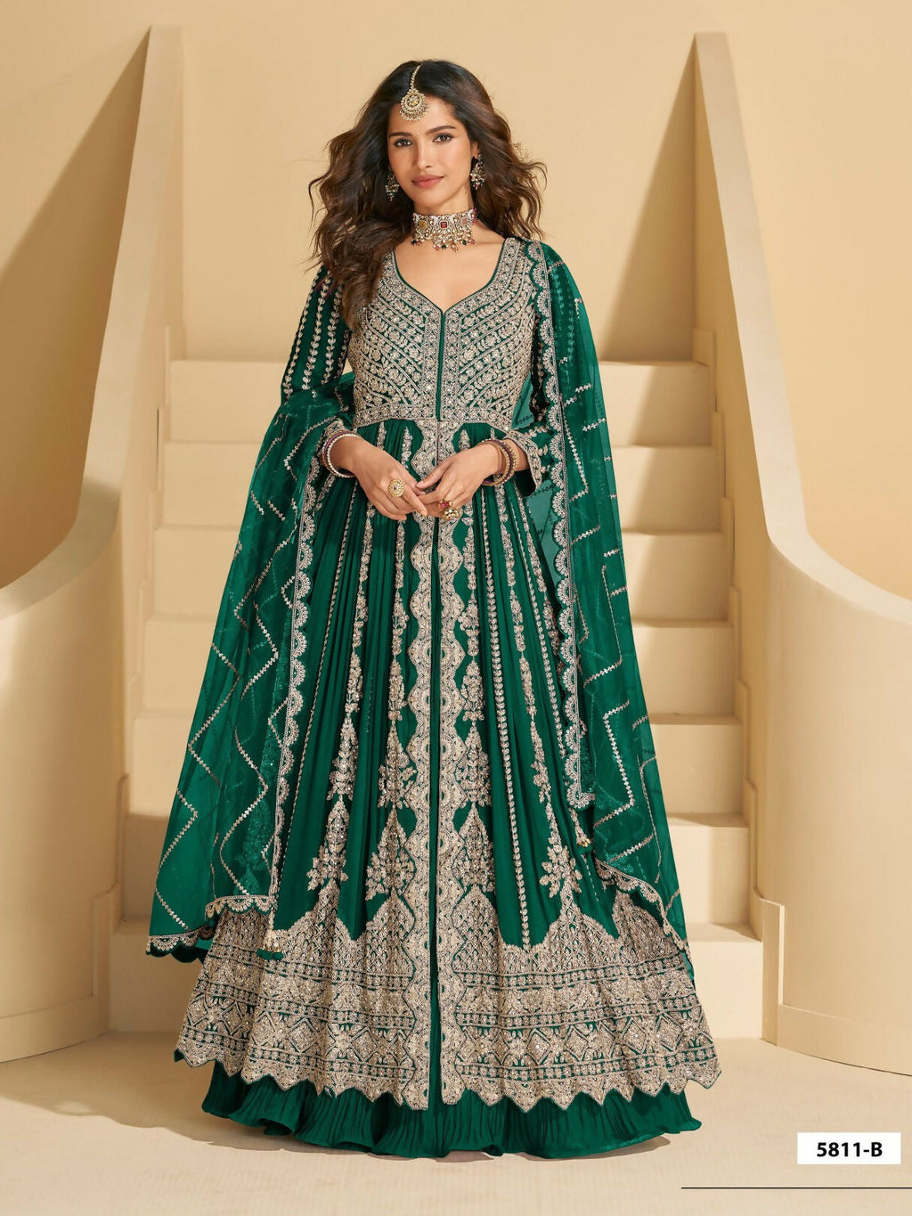 Anaita D Green Chinon Readymade Anarkali Lehenga with Heavy Embroidery Work | Grocsy