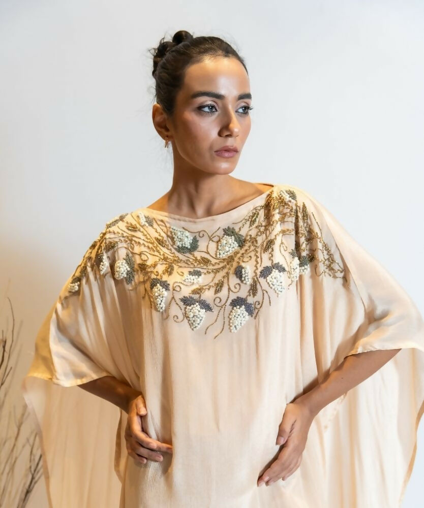Timaraa Champagne Beige Ombre Embellished Georgette Kaftan Dress | Grocsy