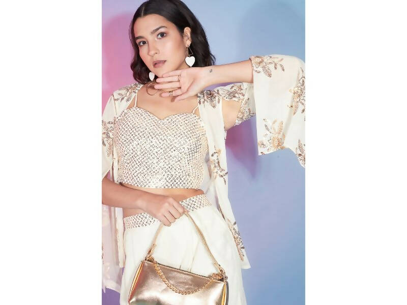 Off White Georgette Sequence With Thread Designer Co-Ord Set - Flory | Grocsy