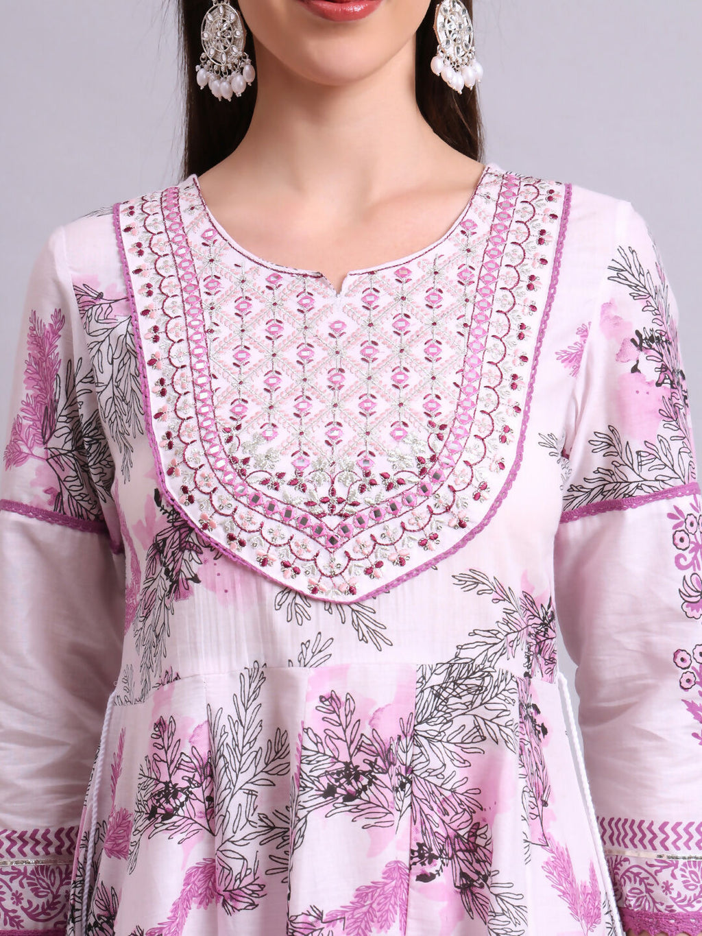 Joban Fashion Pink Cotton Floral Printed & Embroidery Work Anarkali Kurta With Trousers & Dupatta Set | Grocsy