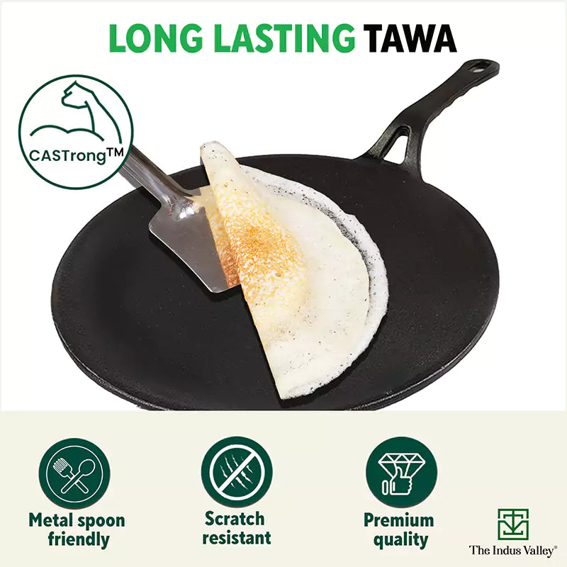The Indus Valley CASTrong Cast Iron Concave Tawa, Pre-seasoned, Nonstick, 100% Pure, Toxin-free, Spatula, 25.4cm, 1.9kg | Grocsy
