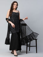 Ahalyaa Women Black Net Glitter Print Short Kurti With Sharara Dupatta Set | Grocsy