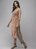 Yufta Women Beige Ethnic motifs Printed Kurta with Trouser & With Dupatta | Grocsy