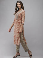 Yufta Women Beige Ethnic motifs Printed Kurta with Trouser & With Dupatta | Grocsy