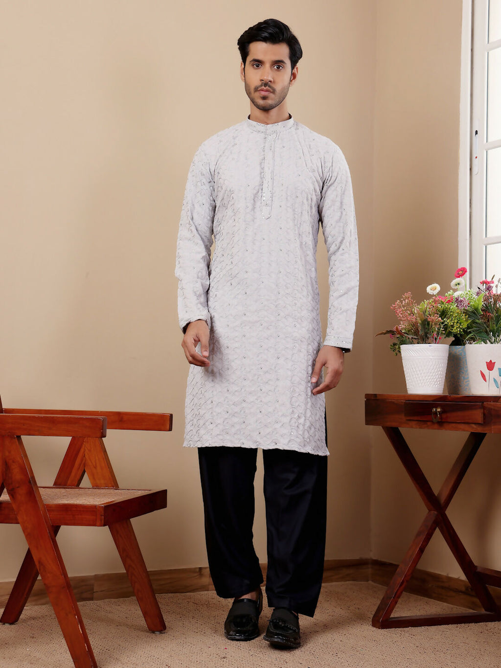Light Blue Linen Designer Embroidery Work Men's Rajwadi Kurta Set - Mahotsav | Grocsy