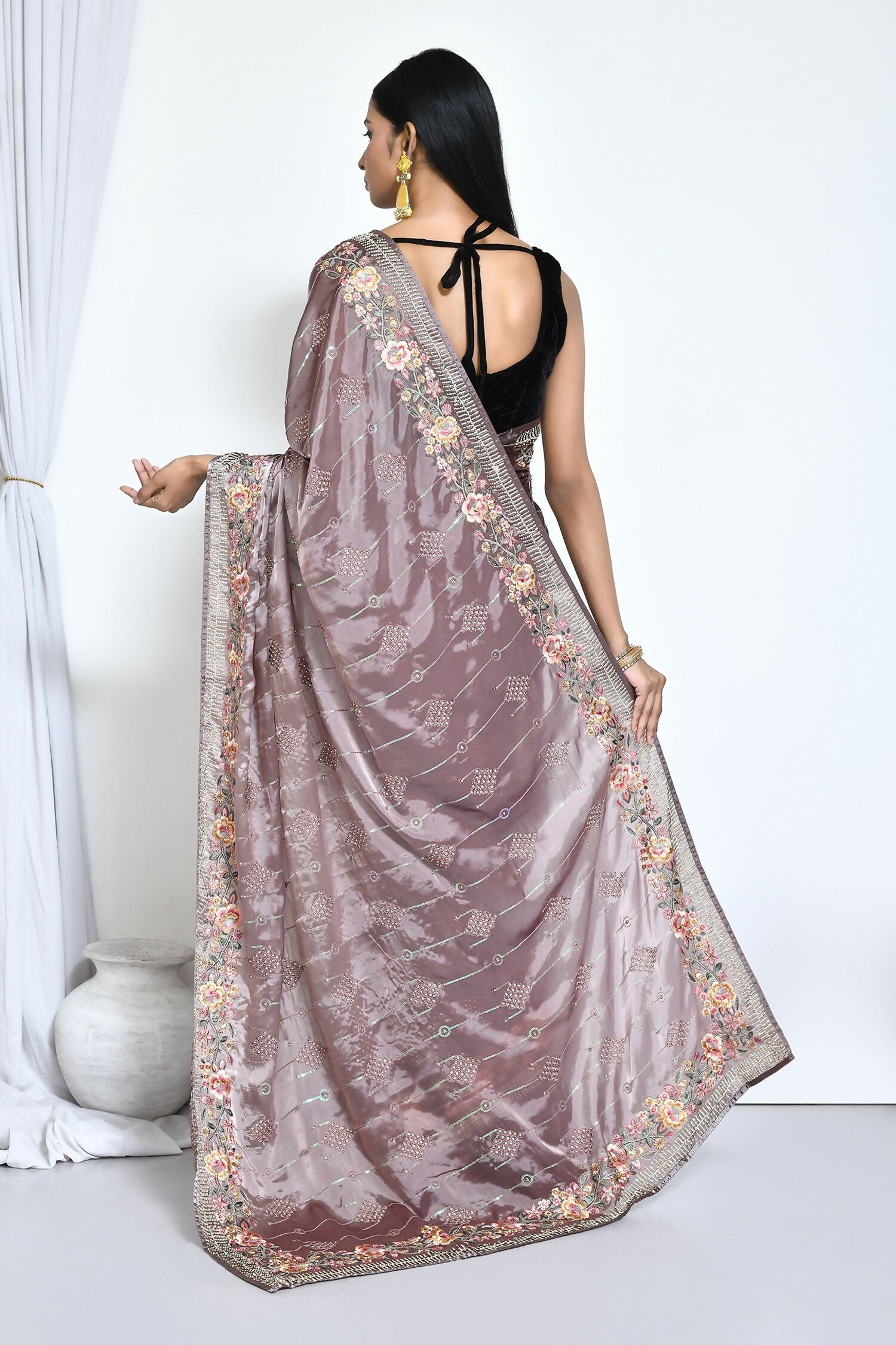 Purple Satin Silk Sequence Embroidered with Stone work Saree - Nimaya Benzy | Grocsy