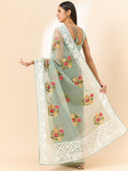Green Organza Floral Embroidered Saree with Unstitched Blouse Piece - Roozal | Grocsy