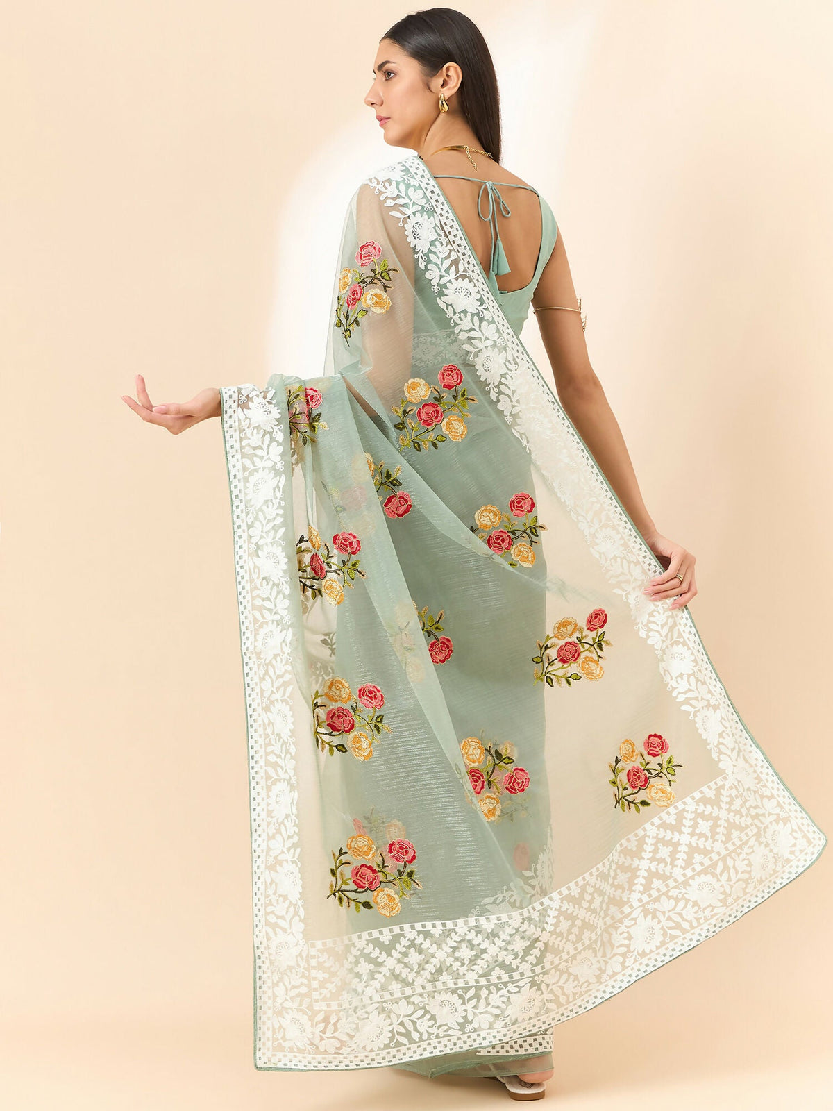 Green Organza Floral Embroidered Saree with Unstitched Blouse Piece - Roozal | Grocsy