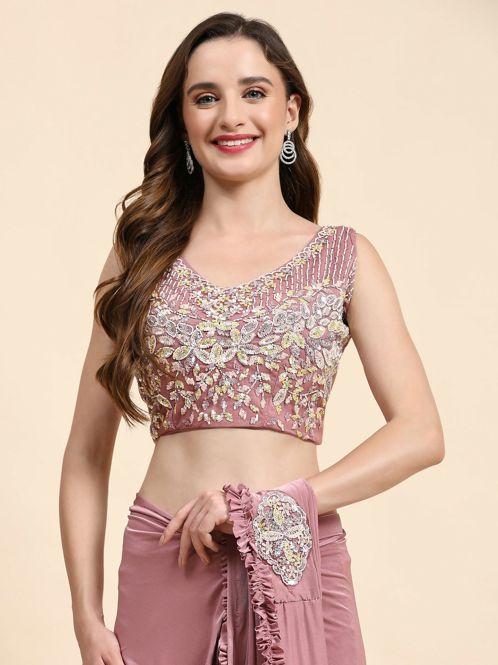Pink Lycra Solid Ready to wear Saree with stitched Blouse - Vanita | Grocsy