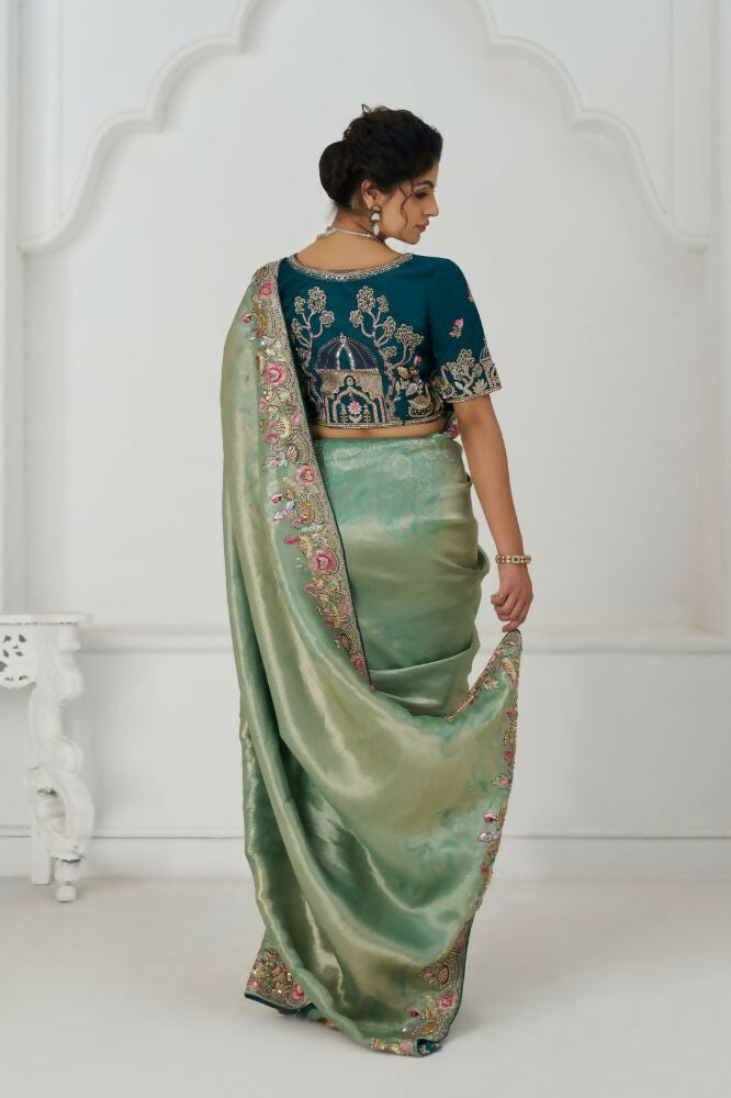Kesar Fab Trending Reception Green Color With Multi-Thread Embroidery Saree | Grocsy