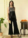 Myshka Women's Black Georgette Top With Palazzos Party Sets | Grocsy