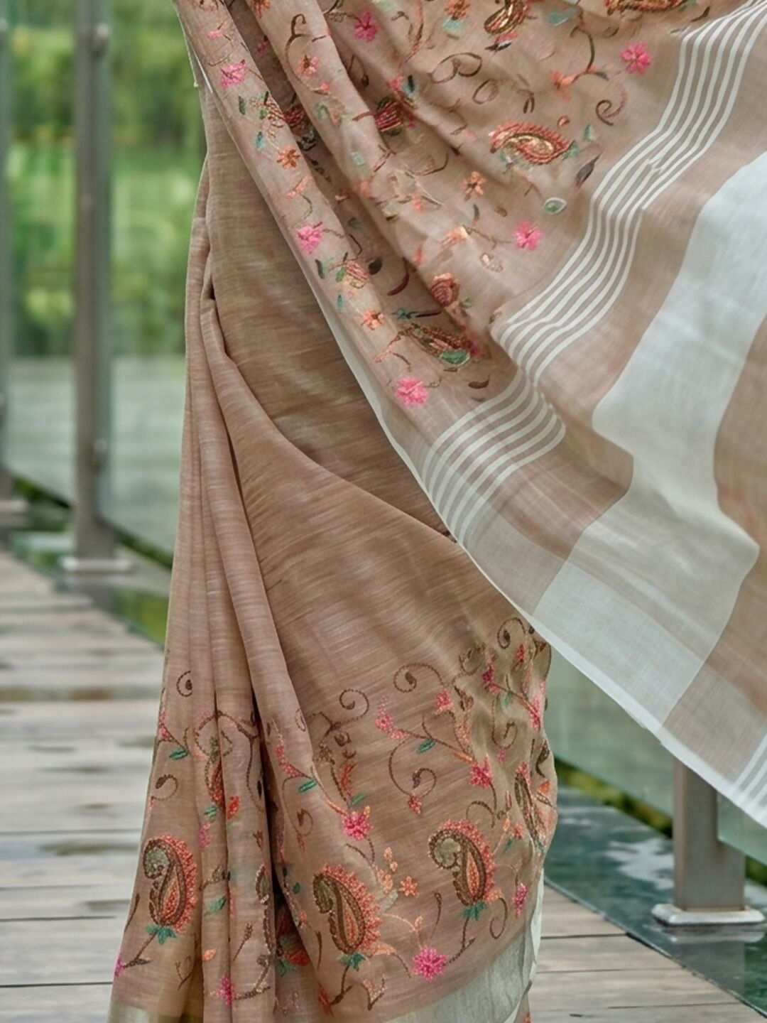 Shree Shyam Fashion Brown Linen Saree | Grocsy
