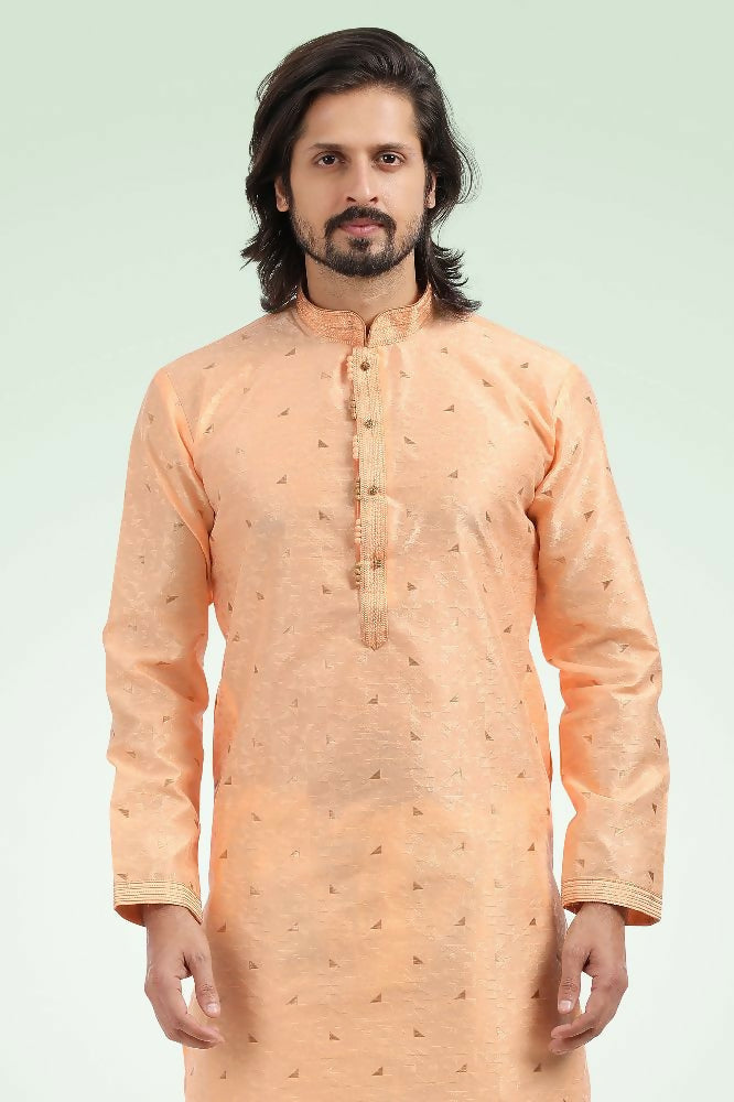 Raivat Ethnic Jacquard Banarasi Silk Pintux Work Kurta Pajama In Peach Colour | Grocsy