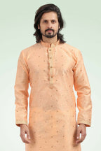 Raivat Ethnic Jacquard Banarasi Silk Pintux Work Kurta Pajama In Peach Colour | Grocsy