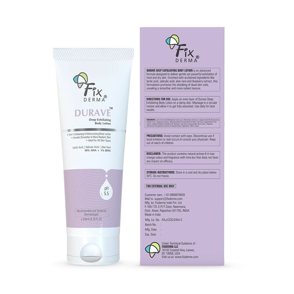 Fixderma Durave 10% AHA + 1% BHA Deep Exfoliating Body Lotion with Lactic & 1% Salicylic Acid | Grocsy