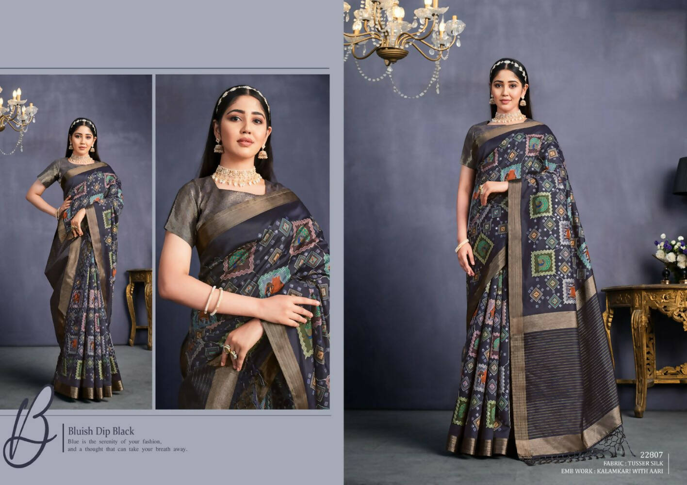 Navy Blue Tusser Silk Geometric Printed Saree With Unstitched Blouse - Mohmanthan Aahana | Grocsy