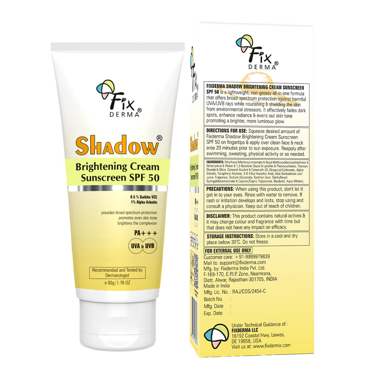 Fixderma Shadow Brightening Cream Sunscreen SPF50 PA+++ UVA/UVB | Grocsy