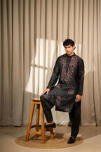 Black Greek Satin Designer Embroidery Work Kurta Set - Mahotsav | Grocsy
