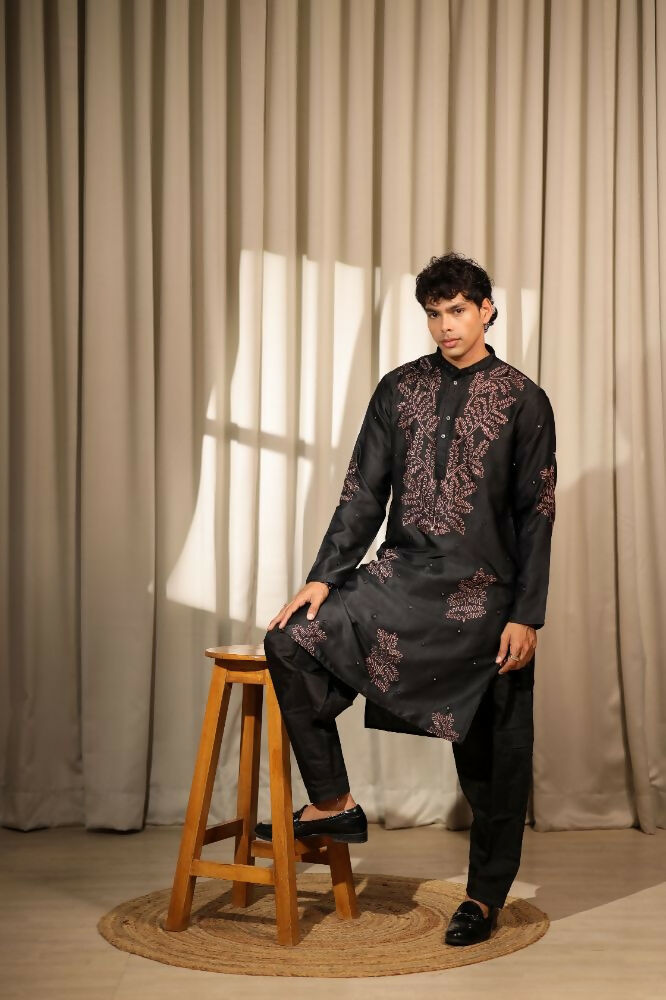 Black Greek Satin Designer Embroidery Work Kurta Set - Mahotsav | Grocsy