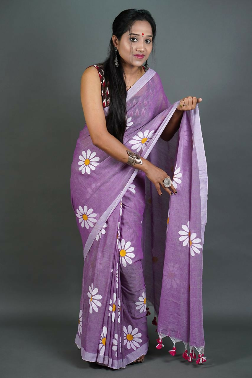 Exclusive Collection Mauve Pure Cotton Saree With Sunflower Design | Grocsy
