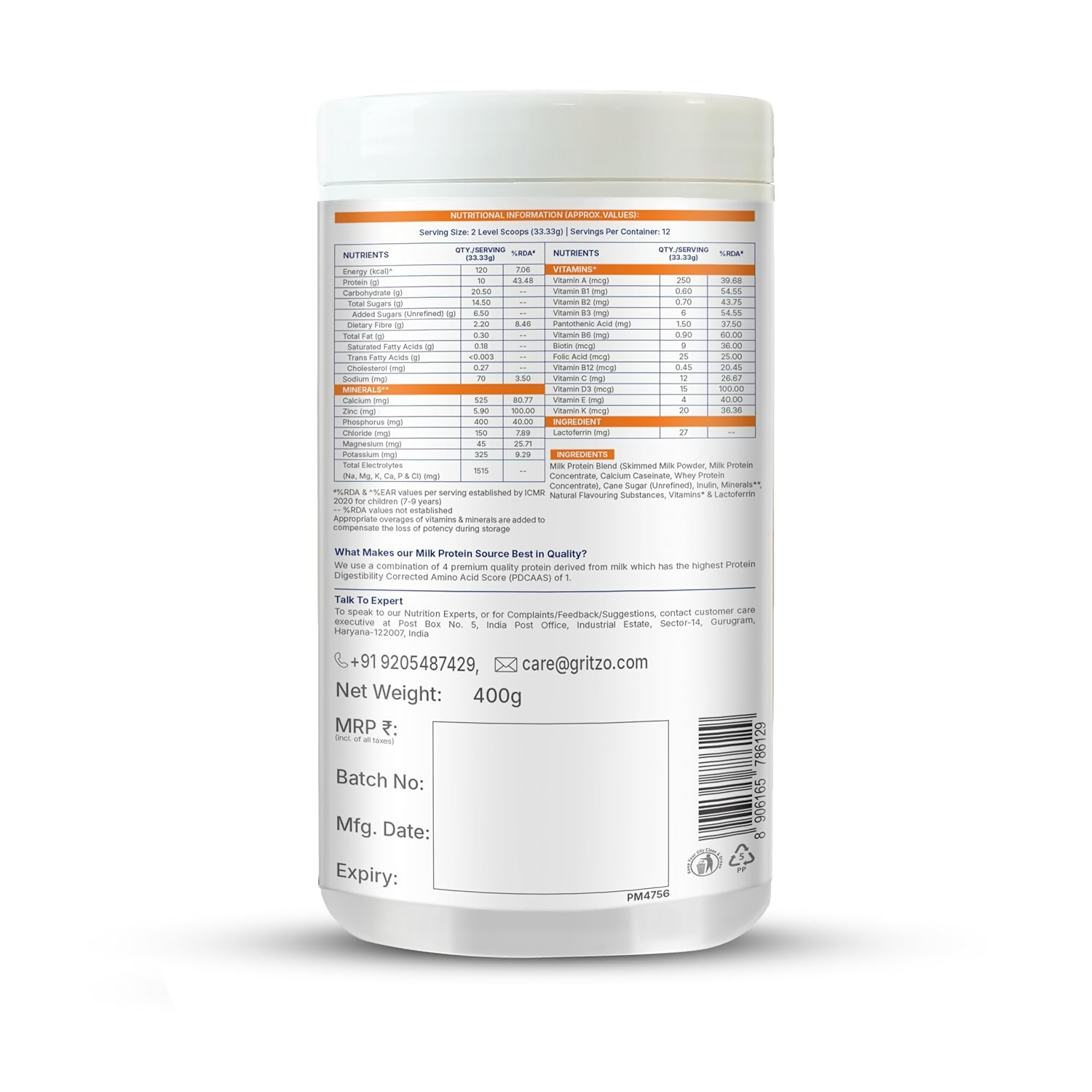 Gritzo SuperMilk Growth+ (Formerly Height+) (7-12y Boys), 10g Protein Powder-Creamy Vanilla | Grocsy