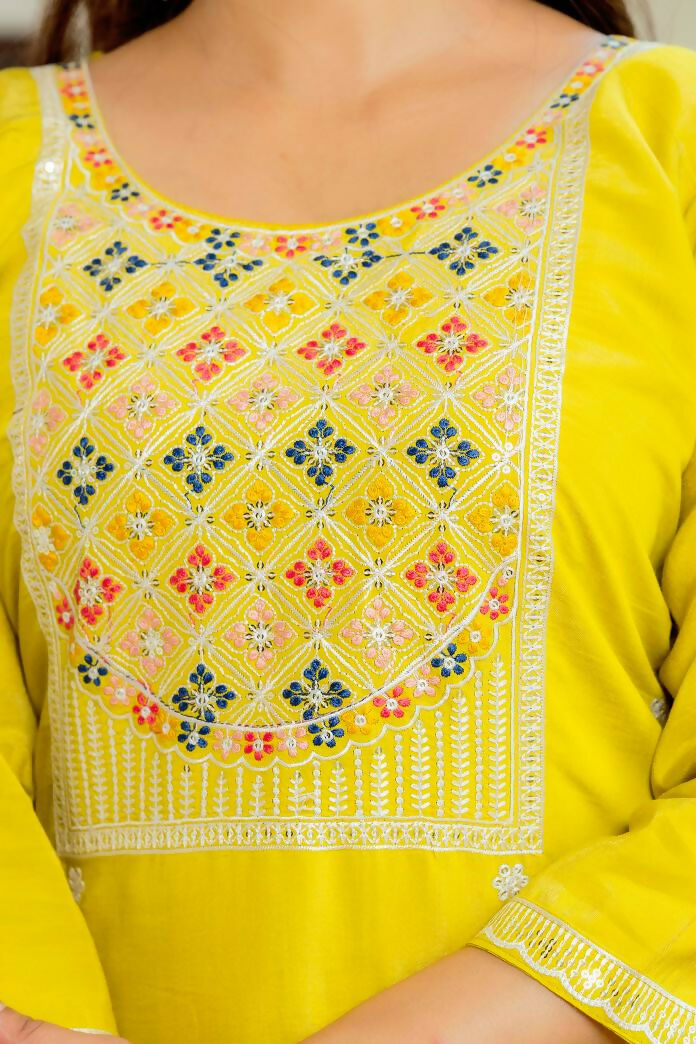 The52 Yellow Women's Beautiful Embroidered Viscose Shimmer Fabric with Straight Kurta, Pant and Dupatta Set | Grocsy
